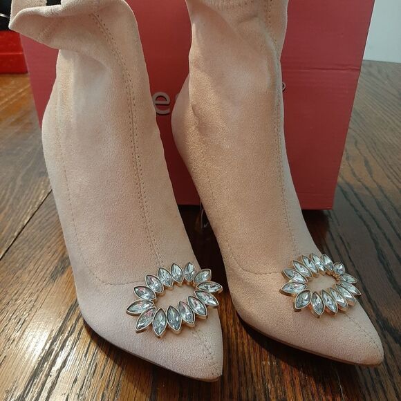 New Size 6.5 Beige Allegra K Rhinestone Slip-On Pointed Toe Ankle Booties - Picture 8 of 12